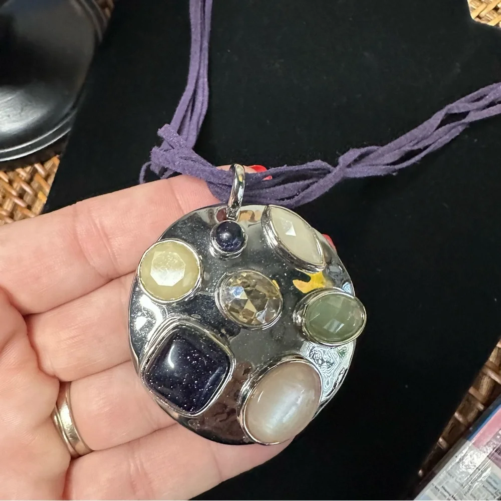 CHICO’S Purple Leather Cord Jeweled Pendant Necklace